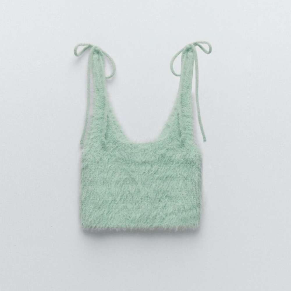 Zara Seafoam Mint Green Fuzzy Tie-Shoulder Crop Top Bralette. Size Small.